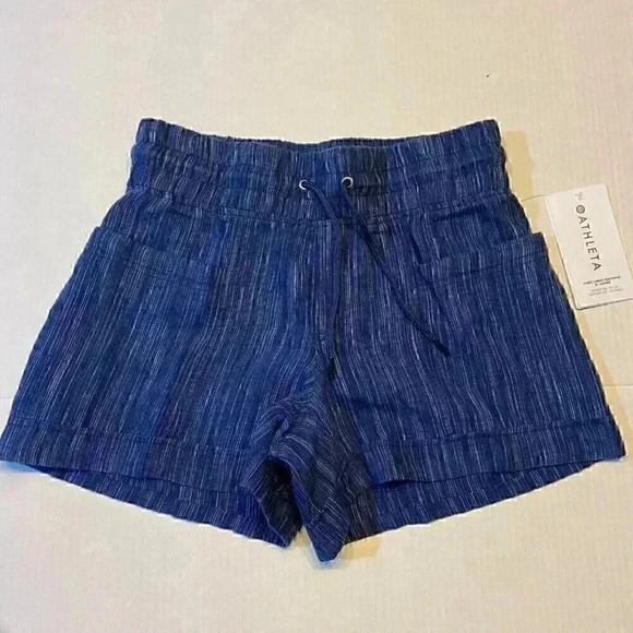 Athleta Women's 4" Short Blue Stripe Cabo Linen Textured Resortwear Travel Beach - Picture 1 of 11